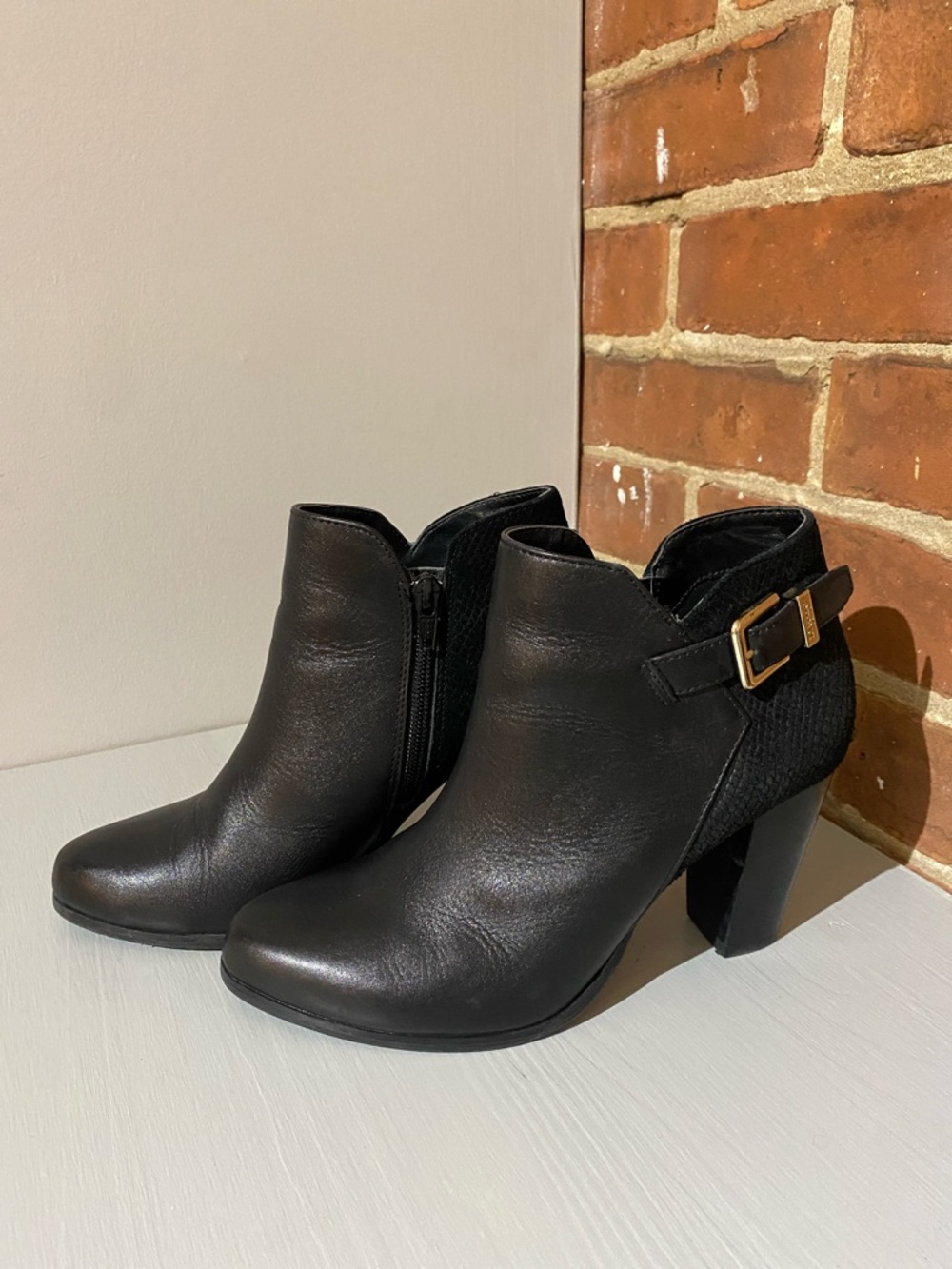 Dune London Black Leather & Suede Ankle Booties with Gold Buckle